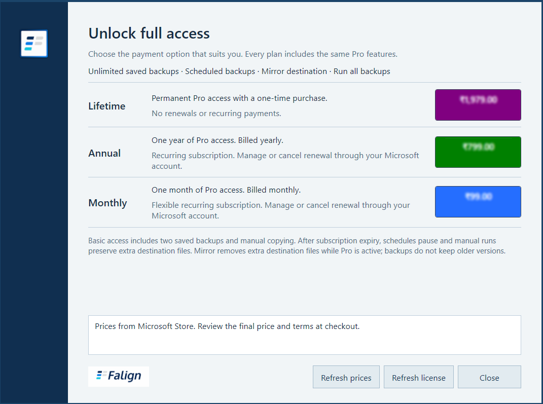 Falign Pro plan comparison with monthly, annual, and lifetime options; prices are loading